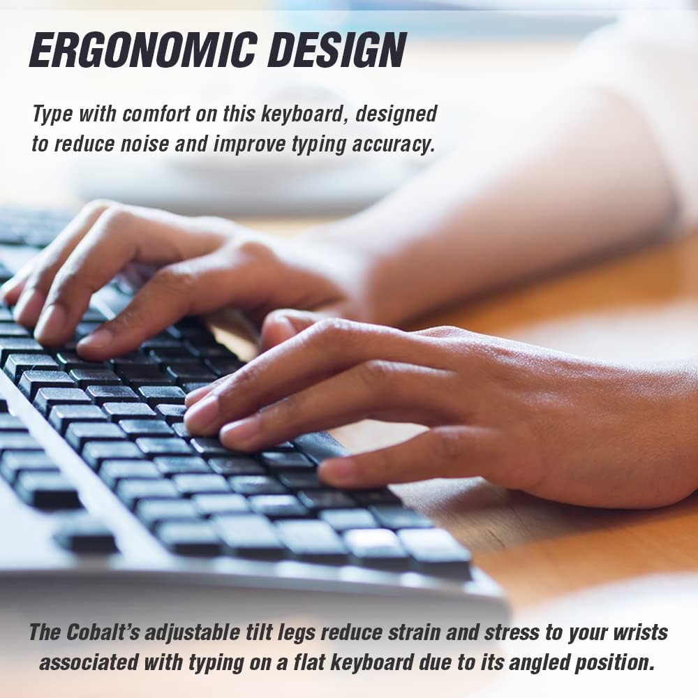 Hands typing on the Volkano Cobalt Series keyboard, highlighting its ergonomic design