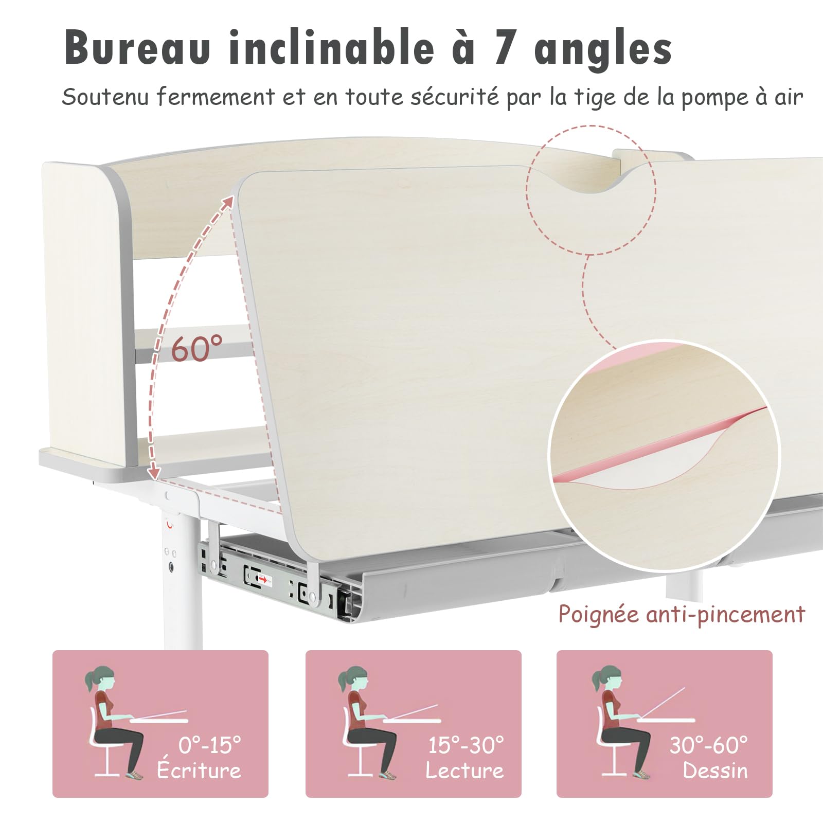 LIFEZEAL Scrivania per bambini in altezza regolabile e ripiano inclinabile, tavolo da studio con cassetto, scaffale di stoccaggio, carico 100 kg, per ragazza ragazzo 3-12 anni (rosa, 80 x 51 x 104 cm)