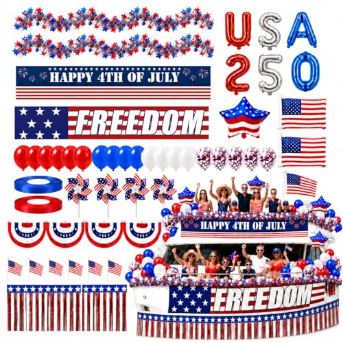 Cinrobiye 134 PCS 250th 4th of July Boat Parade Float Decoration Kit Patriotic Independence Day Boat Decorations with Banners USA 250 Foil Balloons Flags & Fringe for Boat Float Trailer