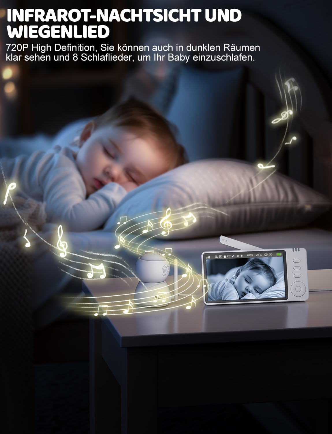 BURNNOVE elektroniczny niania z kamerą dwukierunkowa komunikacja, czujnik temperatury, VOX, kołysanki, alerty – bezpieczny nadzór dla rodziców