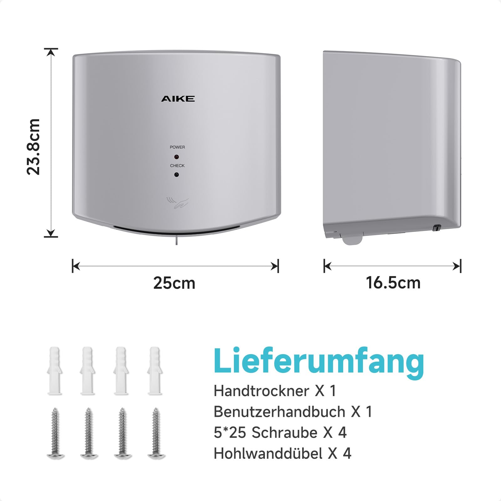 AIKE Air Wiper Kompakt Händetrockner, Hochgeschwindigkeit, 1400W 220V, Stecken & Loslegen, Papierlos & Berührungslos für Öffentliche Toiletten, AK2630S