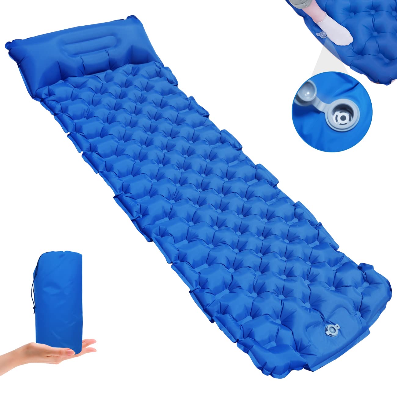 BigmedaSelf-Inflating Sleeping Pad , Ultralight Inflatable Sleeping Pad with Pillow, Built-in Pump Foot Press Waterproof Durable Camping Sleeping Pad for Backpacking, Hiking, Traveling (Dark Blue)