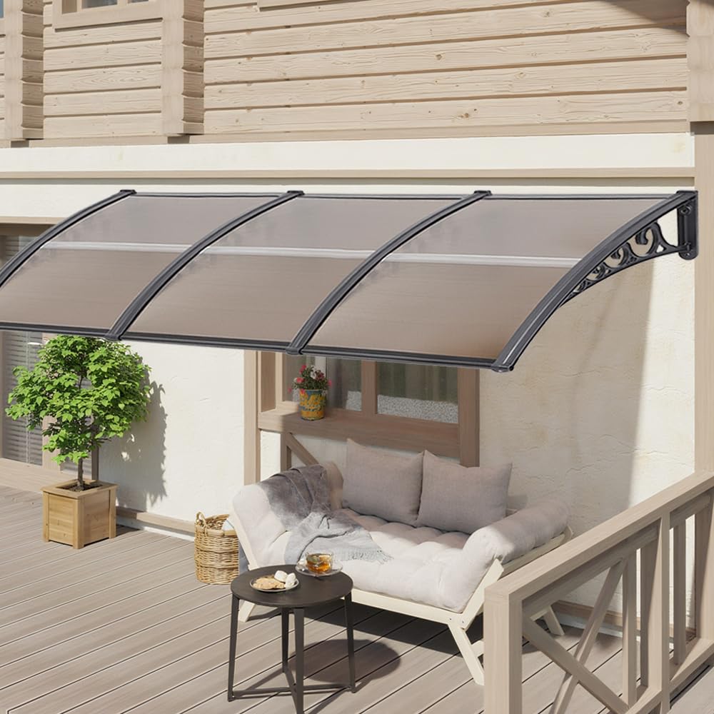Marquesina de Puerta Exterior DIY, Tejadillo con Placa de Policarbonato Hueco y Soportes PP con Extremos de Aluminio, Protección contra Lluvia, Nieve y Rayos UV (60 * 100 cm)
