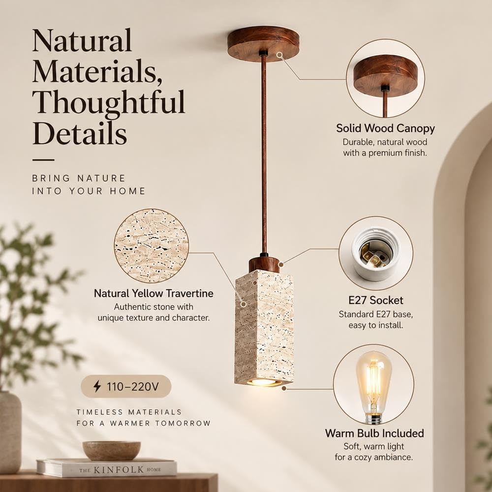 Lampa Wisząca Z Trawertynu Wabi-Sabi Naturalnego Kamienia I Drewna, E27