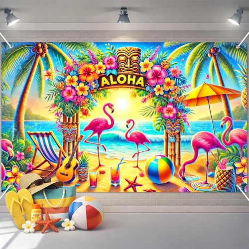 Image of BlissYard Hawaiian Party Decorations Banner 71 x 43 Inch Aloha Backdrop with Flamingo Tiki Totem Palm Tree, Luau Party Decorations Beach Photo Booth Background for Summer Aloha Decor