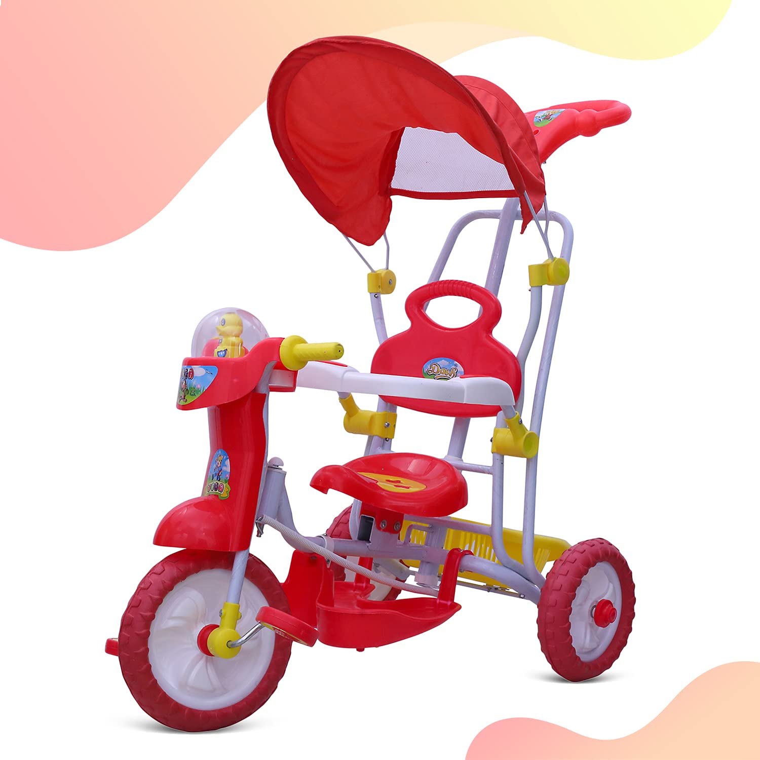 Vega Kids Musical Cartoon Tricycle with Rear Storage Basket, Foot Rest, Back Support, Adjustable Canopy & Parent Control Push Handle, Capacity Upto 20 kg for Kids (1 to 4 Years, Red)
