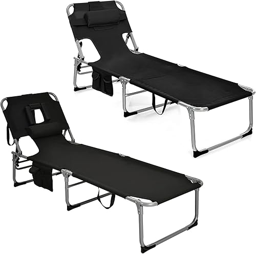 Miniatura 18 de Goplus Silla bronceadora, silla de playa plegable con agujero para cara y brazo, 5 posiciones ajustables, almohada extraíble, bolsillo lateral