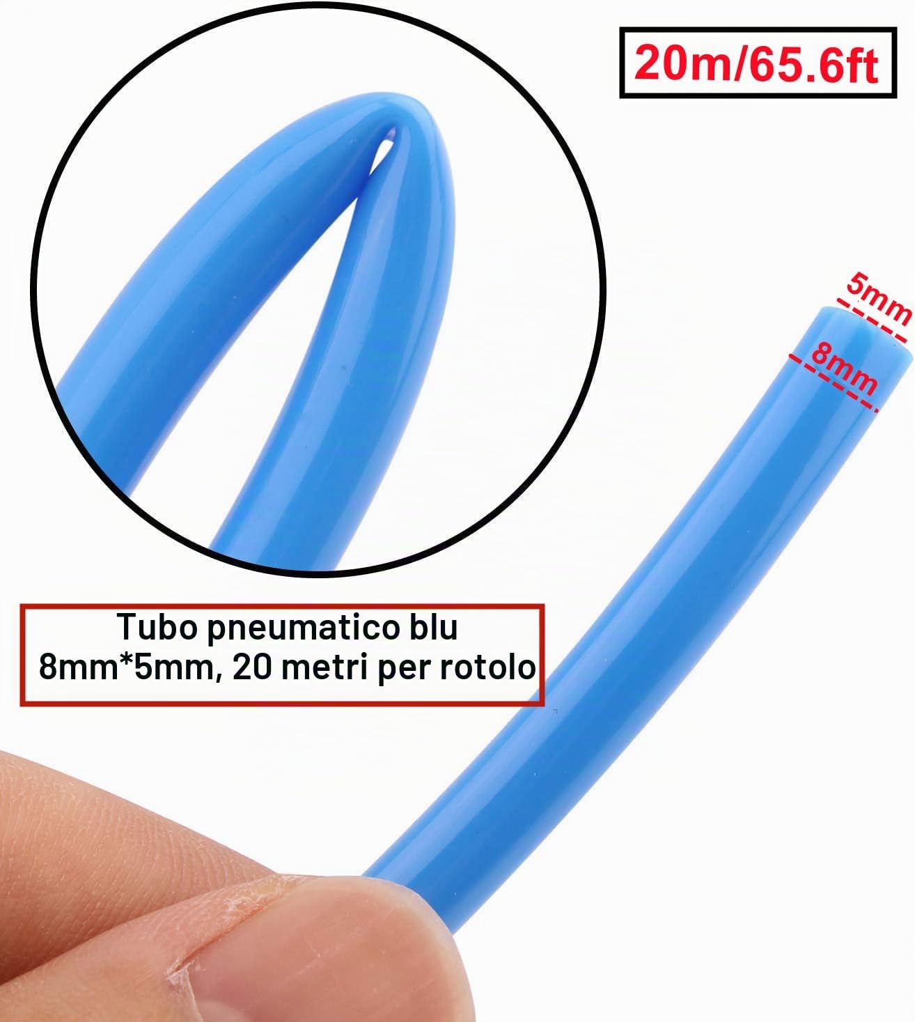 HUAZIZ Tubo Flessibile Pneumatico in Poliuretano PU - 20 Metri, Blu, 8 mm OD x 5 mm ID - Kit Con Tagliapatubi