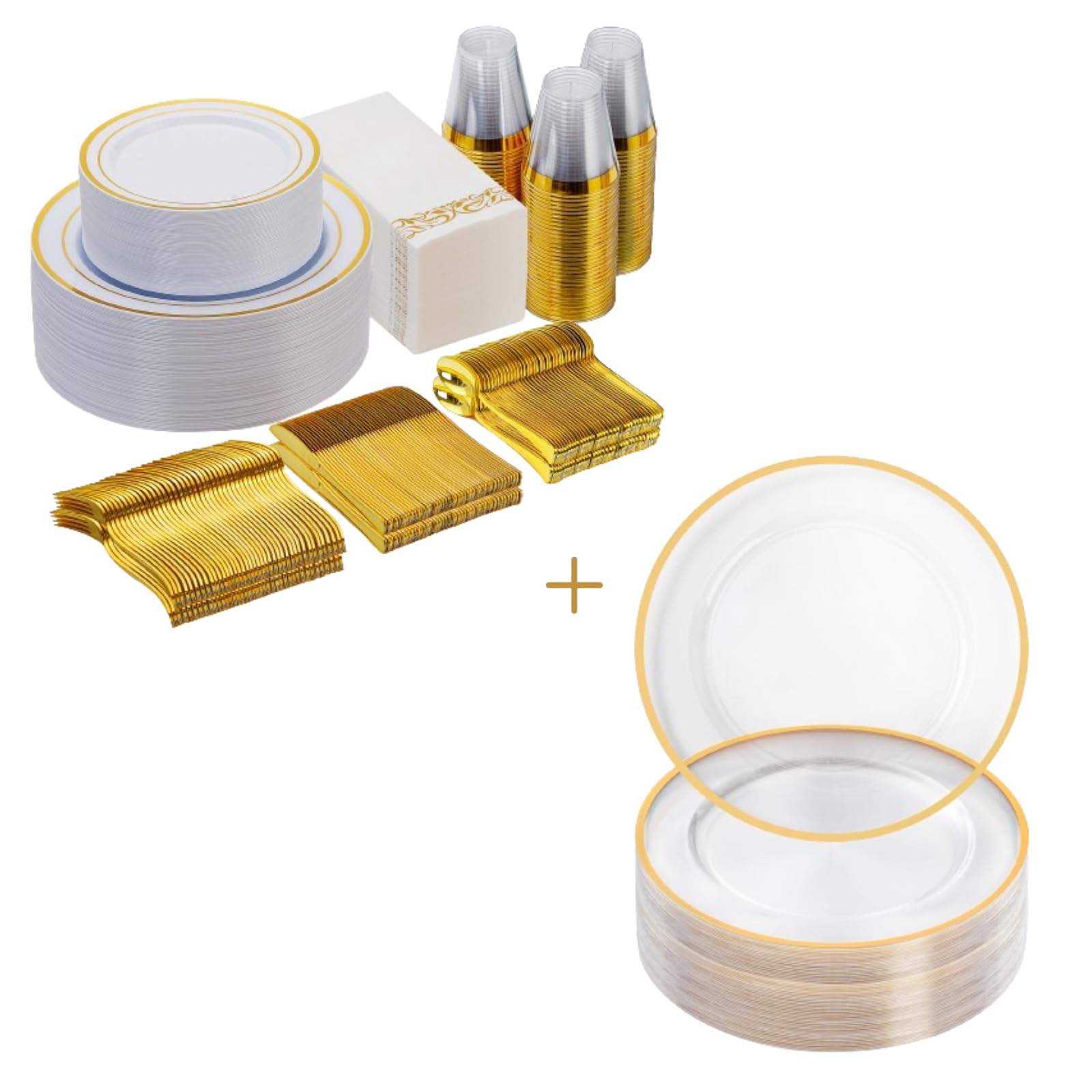 50PCS 12-Inch Gold Charger Plates, 350 Piece Black Plastic Dinnerware Set for 50 Guests, Include: 100 Plastic Plates, 50 Napkins with Cutlery Set, 50 Cups and 50 Clear Charger Plates