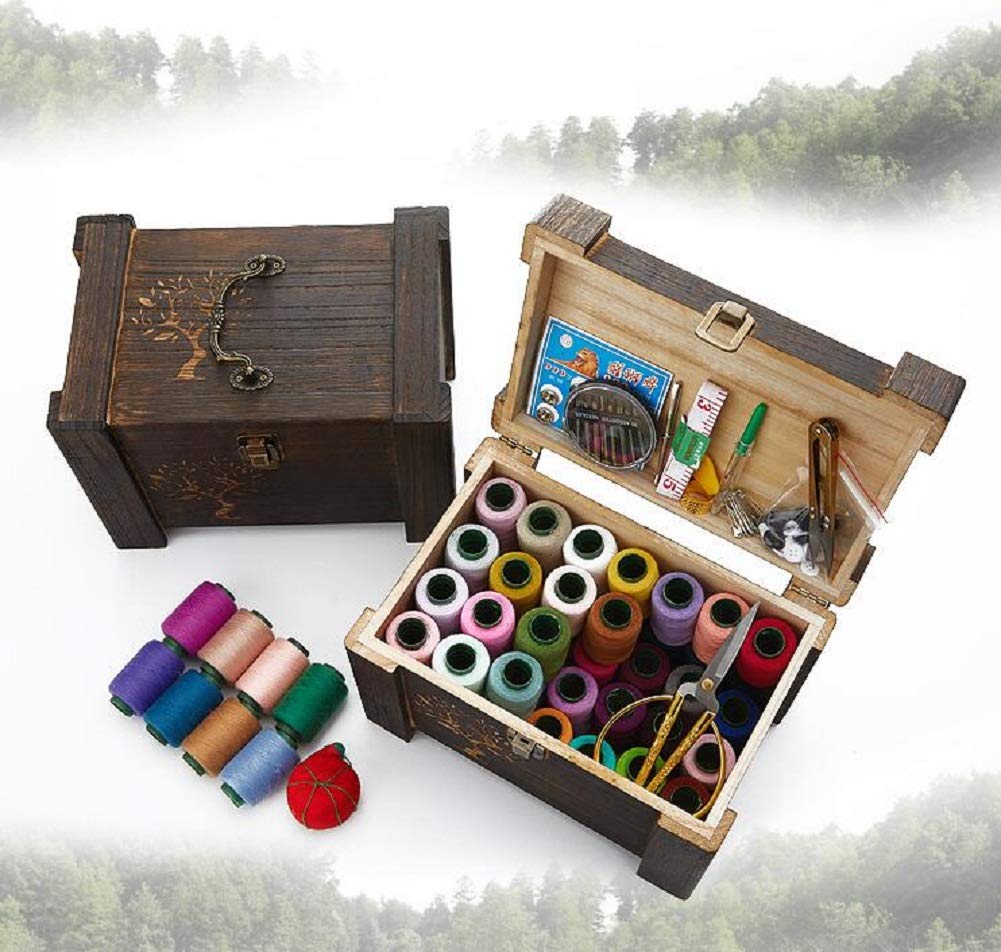 YFOZCOM Kit de Costura Caja de Costura doméstica Caja de Costurero de Madera Maciza Hecha a Mano Vintage Bolsa de Costura DIY Suministros de Costura Herramientas Conjunto de Costura (25 * 17 * 17cm)