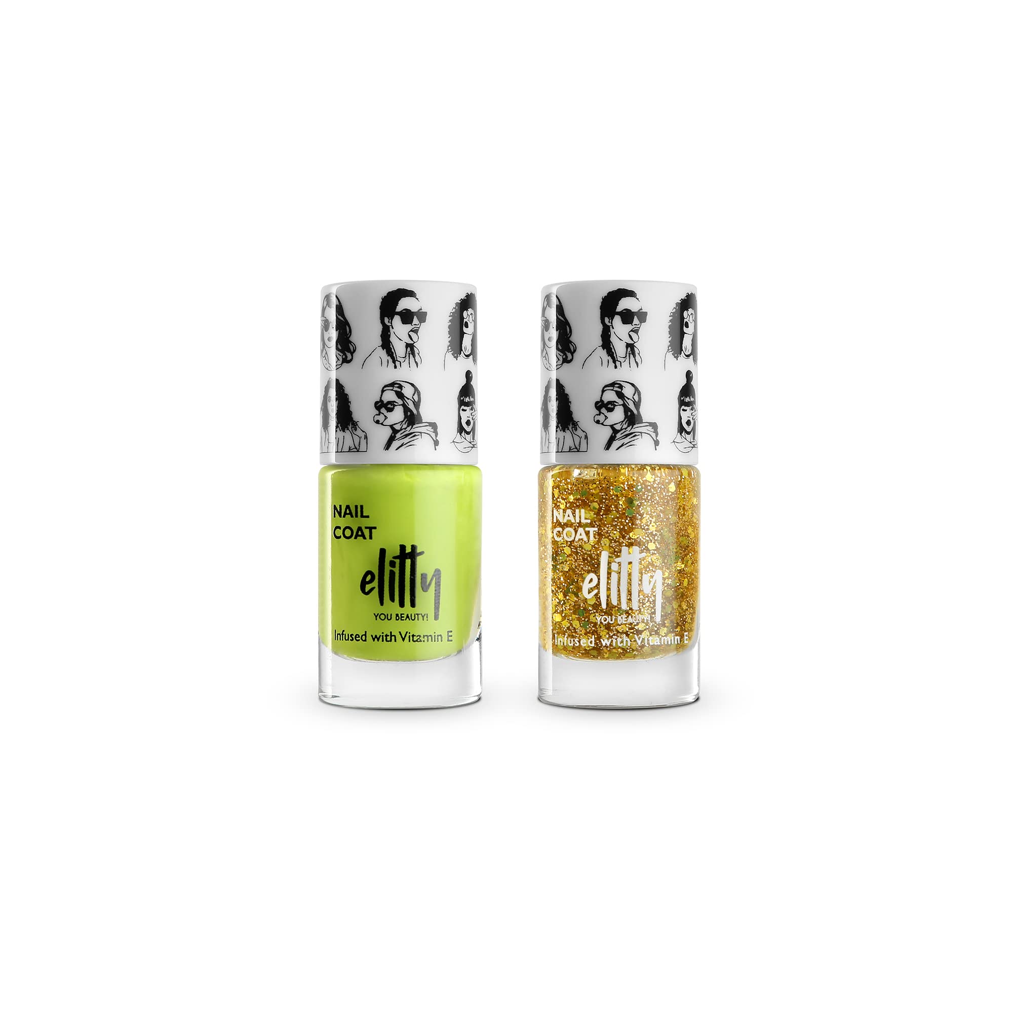 Elitty Nail Polish for Women (Set of 2) , Chip Resistant, Long Lasting, Hustling Nail Paint Combo with - 12 Toxin Free Formula, Infused with Witch Hazel & Vit E, Vegan & Cruelty Free Nail Polish (Green, Golden)