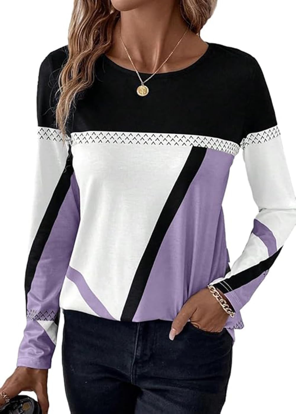 Apvirdy Color Block Tops for Women Casual Crewneck Patchwork T Shirts Fall Loose Long Sleeve Tunic Tops 2024