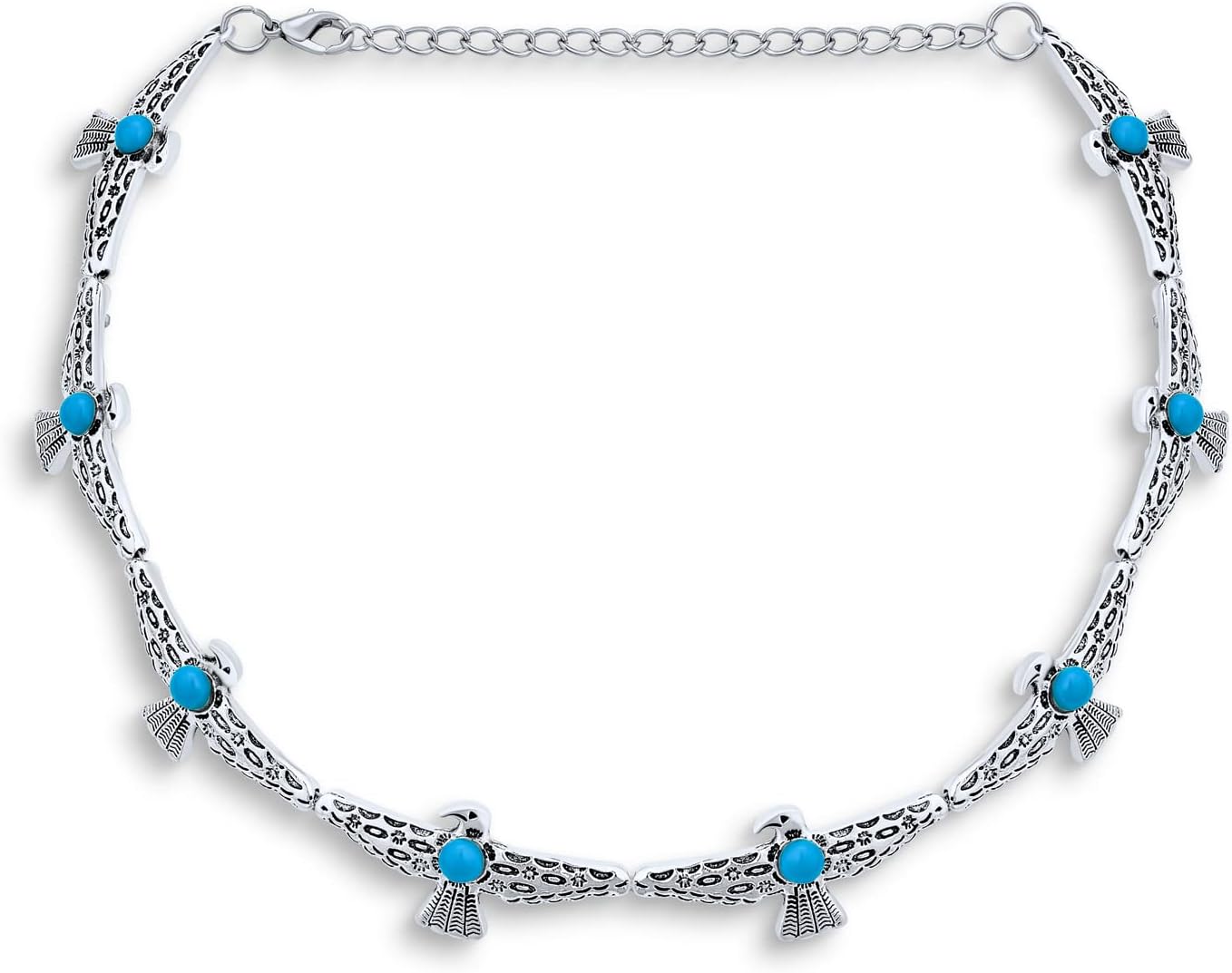 Native America Fashion Festival Concho Faux Blue Turquoise Choker Necklace Western Jewelry For Women Teen Oxidized Silver Plated Adjustable