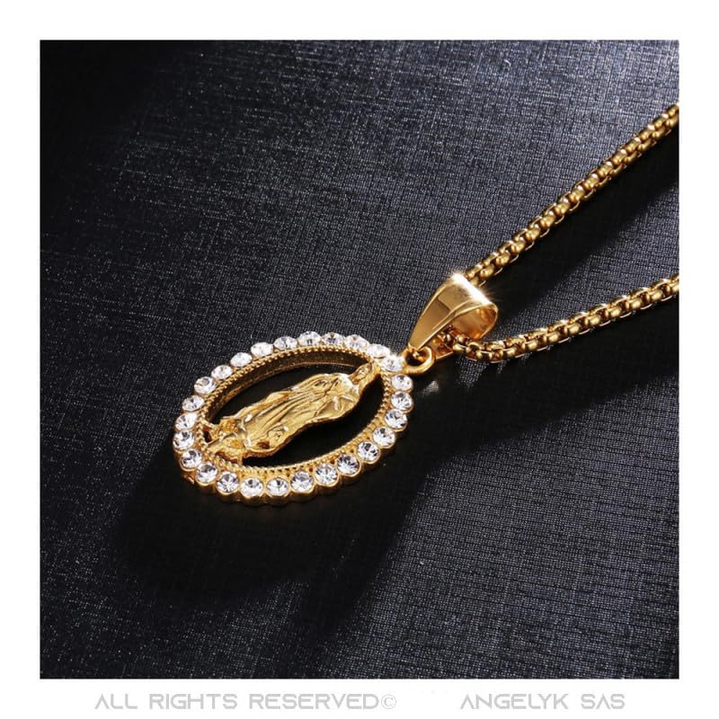 BOBIJOO Jewelry - Pendentif Collier Vierge Marie Priante Oval Faux Diamants Acier Inoxydable Plaqué Doré Or