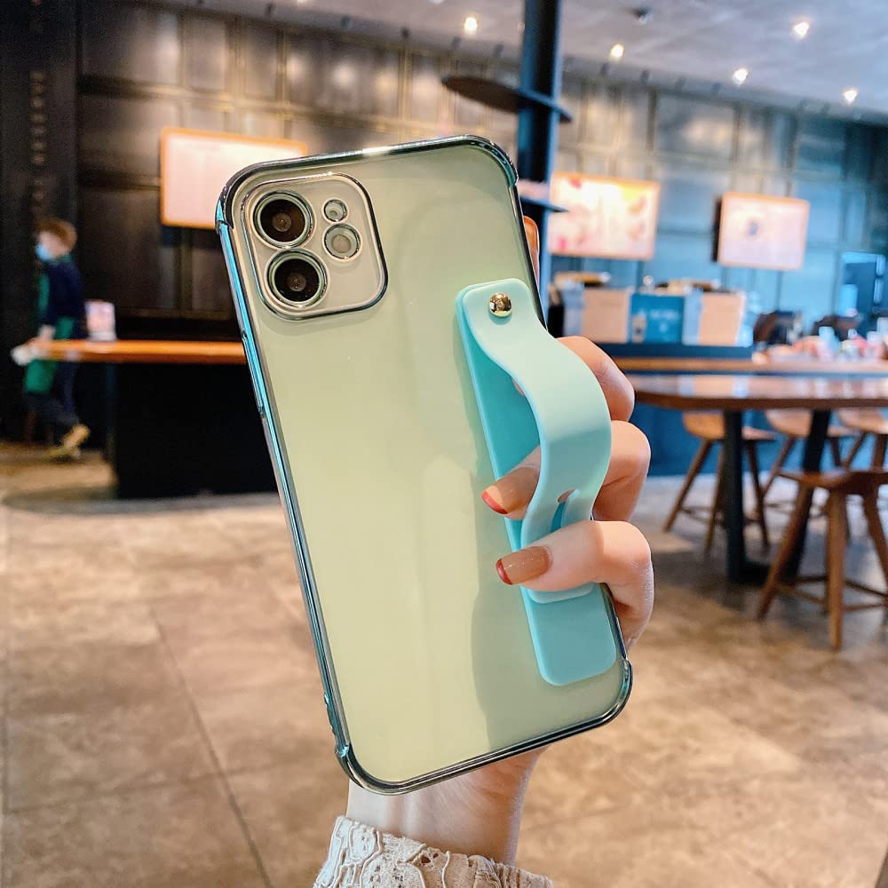Coque antichoc iPhone 14 pour éviter les chutes avec dragonne et support de table vert