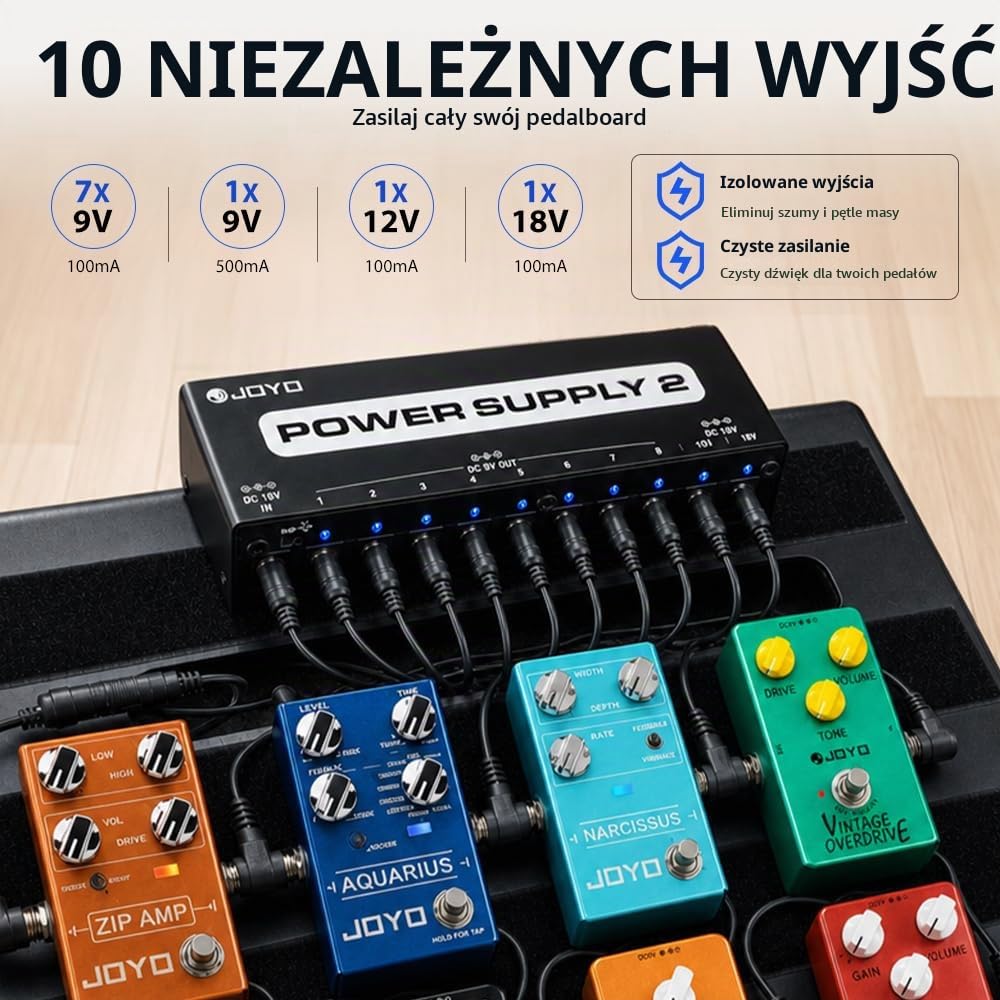 JOYO Zasilacz do pedału gitarowego, zasilacz do pedalboardów z adapterem sieciowym DC 18 V i 9 V 100 mA 500 mA izolowany DC 10 wyjść do 9 V 12 V 18 V (JP-02)