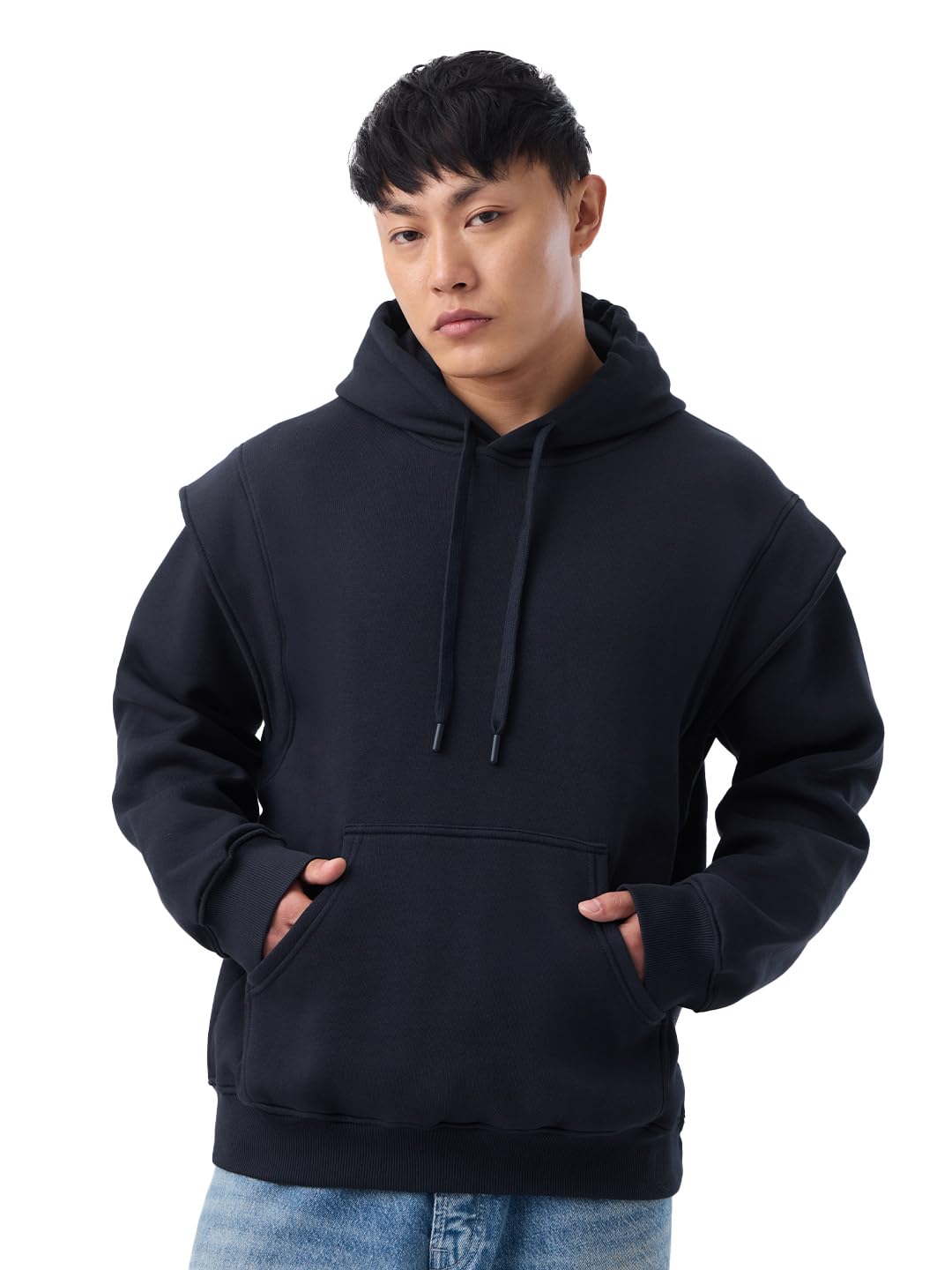the souled store Korean Hoodie: Midnight Men and Boys Long Sleeve Hooded Neck Black Solid Cotton Blend Heavy Fleece Pullover Oversized Hoodie-picture-24
