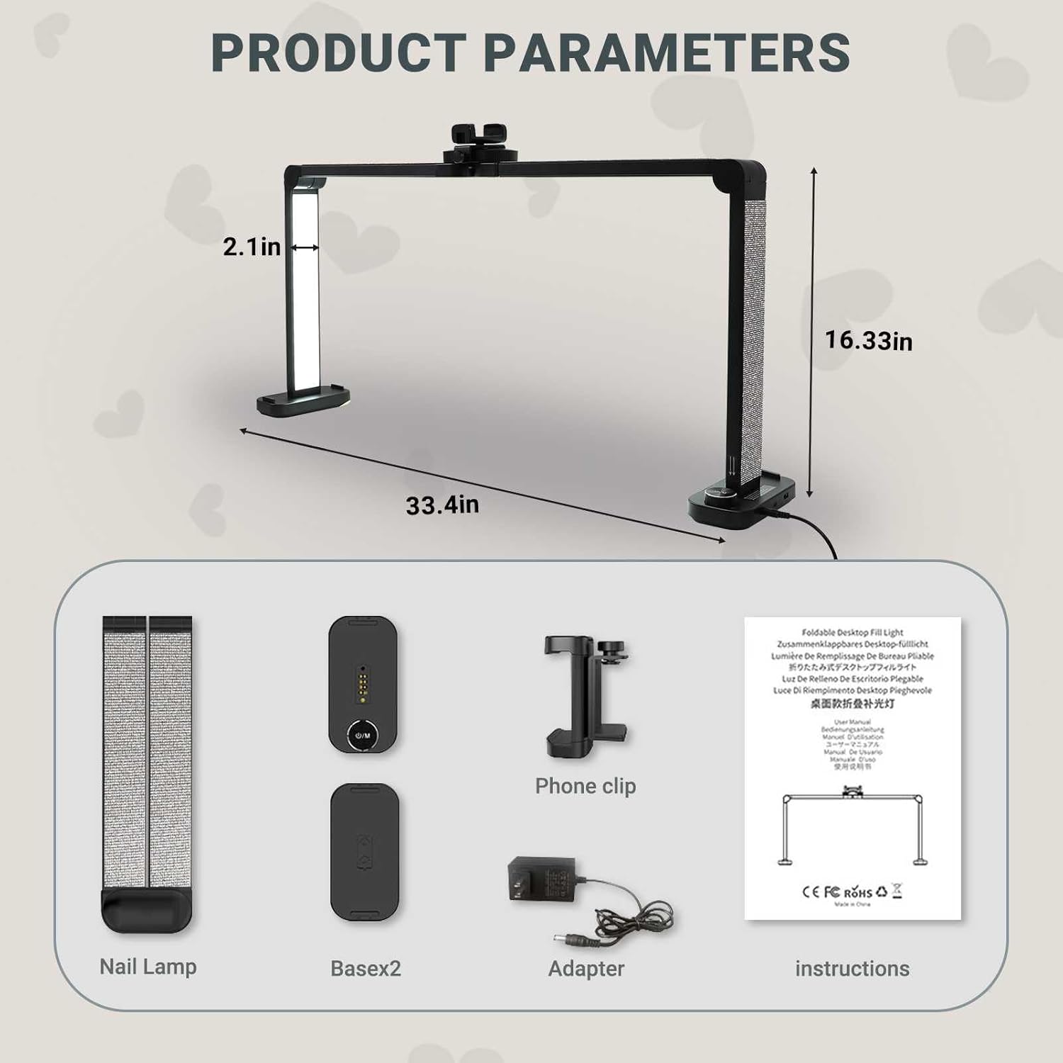 Square Foldable Half Moon Light for Nail Desk, Moon Light Nail Tech with Phone Holder, Knob Adjustment Lamp, Nail Table Lamp Convenient Base Holder, Charging Port, Type-C/DC