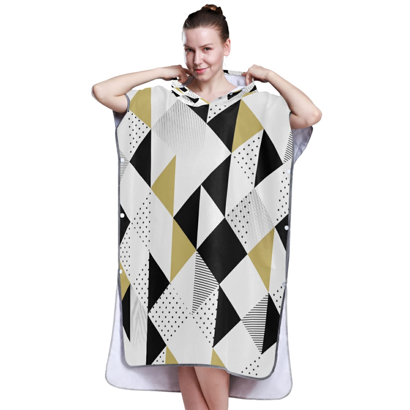 Badeponcho mit Kapuze und Tasche, schnelltrocknender Bademantel, Mikrofaser-Handtuch, Neoprenanzug für Bad, Strand, Outdoor, goldfarben / Schwarz / Weiß mit schwarzen Punkten, geometrisches Muster