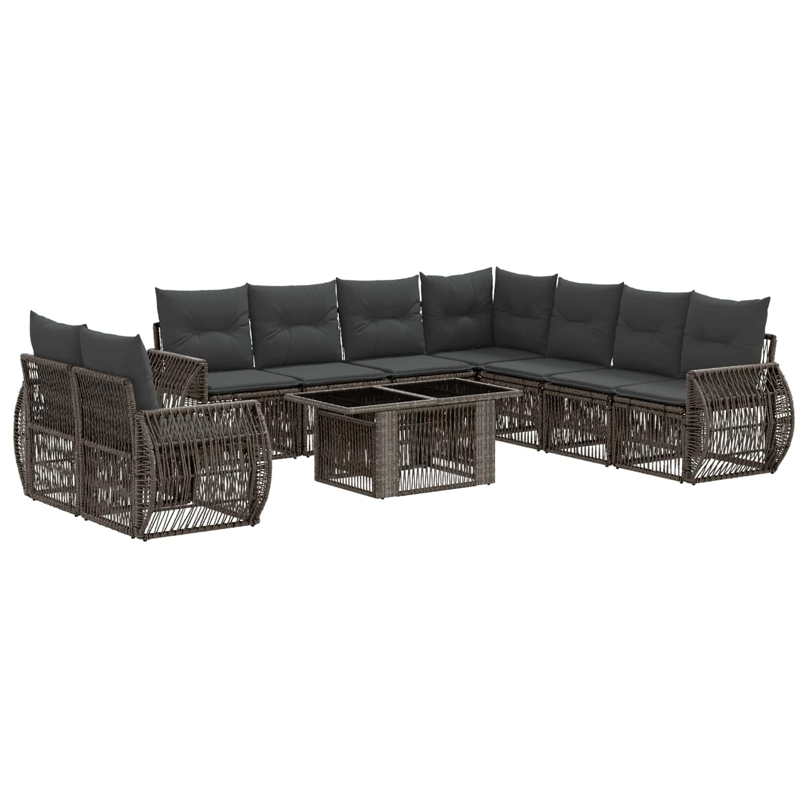 Zestaw 10-częściowy sofa ogrodowa szary | Rama stalowa malowana proszkowo, zdejmowane poduszki poliestrowe, szklany stół, do użytku na zewnątrz