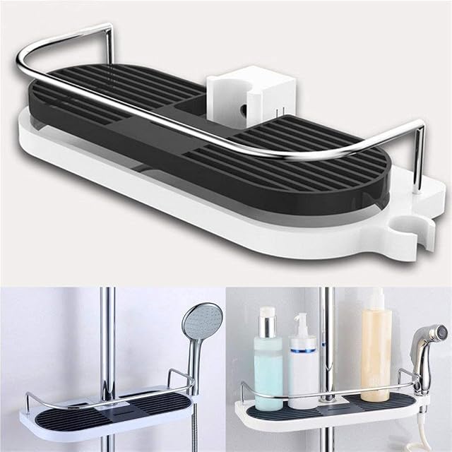 Shower Caddy Shelf Telescopic Pole No Drill Shower Organiser, Corner Riser Rail Soap Dish Holder Rack Rust Proof, Stainless Steel Wall Hanging Shower Rail Storage Bathroom Shelves Toiletry Soap Tray