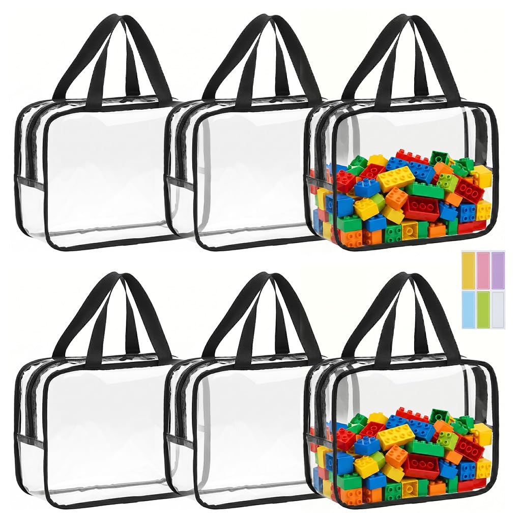 QWORK® 6PCS PVC Storage Bags with Handles and Zippers, 11.8 x 8.6 x 3.9 Inch Waterproof Organiser, Transparent Stackable Tote Bags, for Toiletries & Craft Supplies