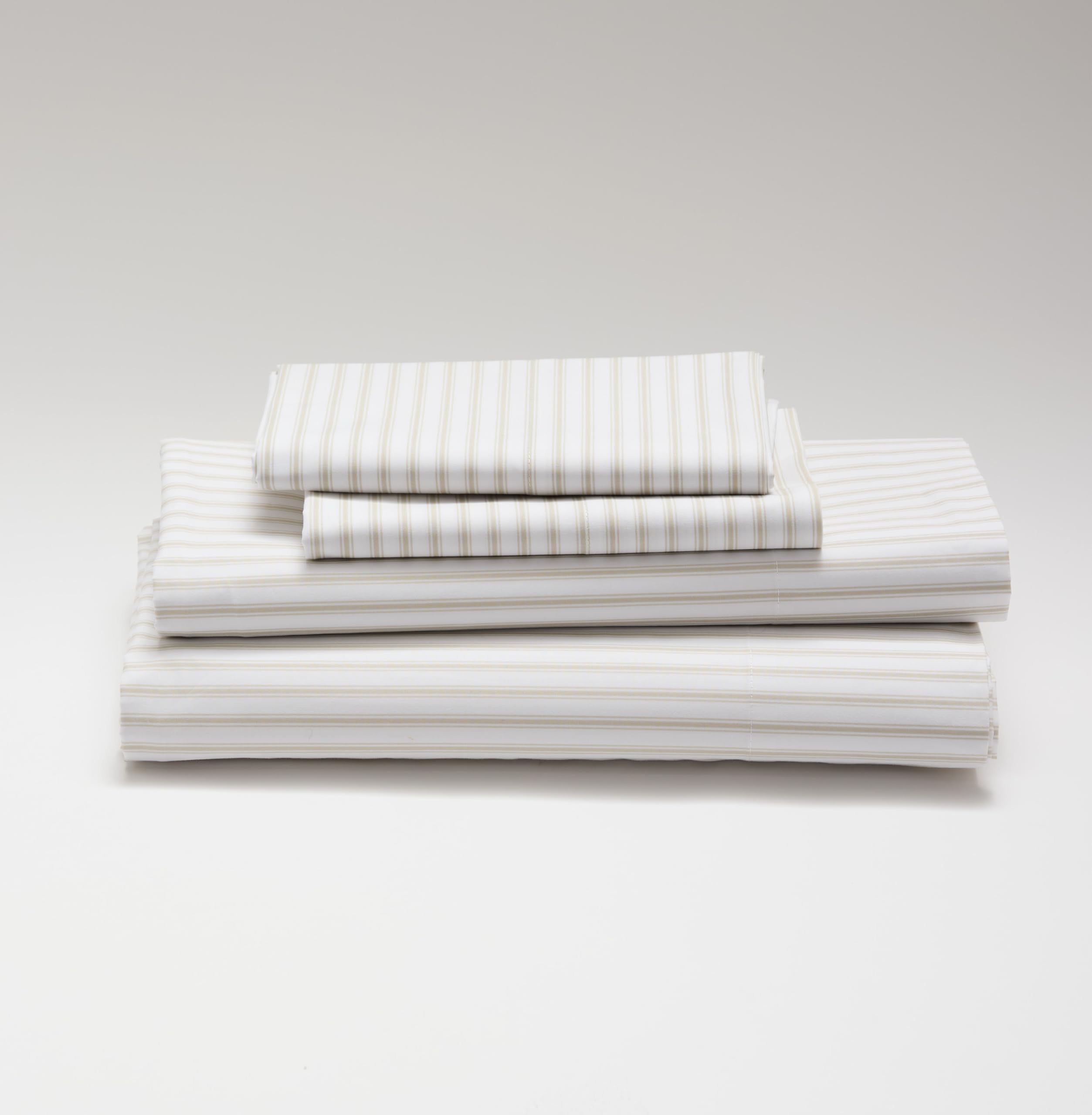 Cuddledown Striped Organic Percale Sheet Set | 100% Organic Cotton | Premium Quality | Soft | Breathable | Oeko-TEX Standard 100 | Deep Pockets | 4 Piece Set | Queen Size | Driftwood Stripe