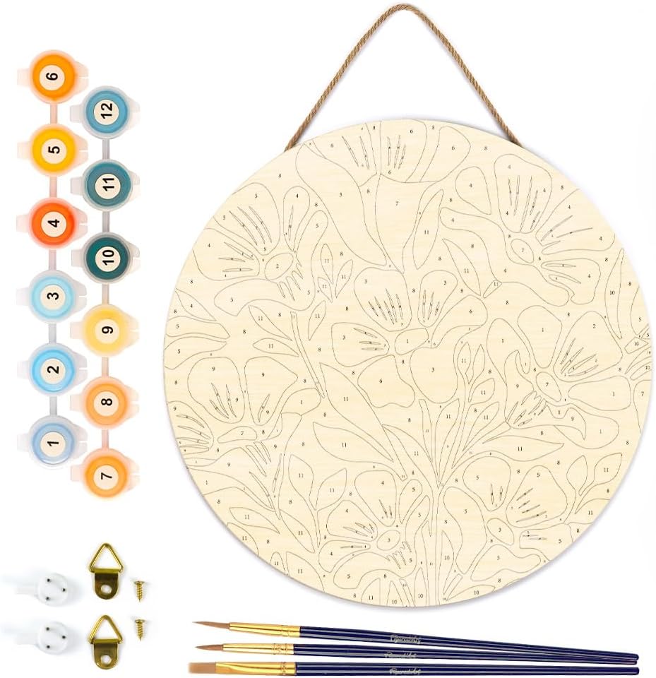 Figured'Art Paint by Numbers Kit for Adults on Wood Slice, 11.8in Diameter - Colorful Floral Pattern - Craft Art Painting DIY Canvas