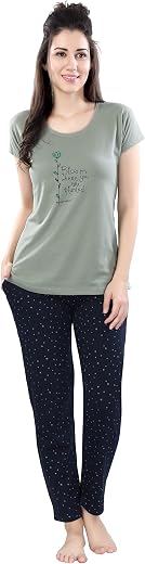 DZZO Cotton Night Suit for Women &amp; Girls with Designed Top &amp; Printed Pyjama Set Half Sleeves | Soft and Stretchy Lightweig...