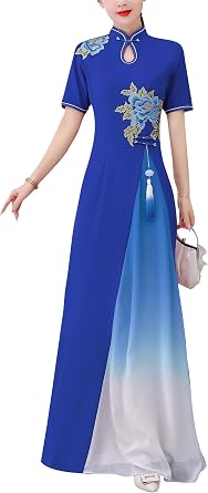 Womens Hight Neck Cheongsam Chinese Style Dress Elegant Vintage Maxi Dresses