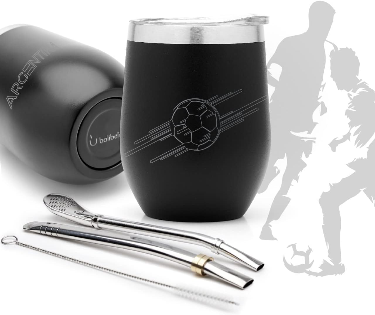 Modern Mate Cup And Bombilla Set (World Cup special edition) - Includes Double Walled 18/8 Stainless Steel Mate Cup, Two Bombilla (Straw) and a Cleaning Brush (8 oz, Black)