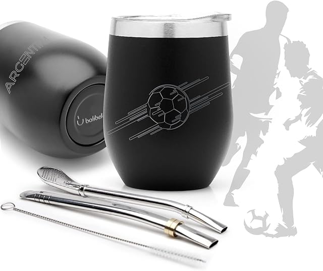 BALIBETOV Modern Mate Cup and Bombilla Set (World Cup 2022 Special Edition) - Includes Double Walled 18/8 Stainless Steel Mate Cup, Two Bombilla (Straw) and a Cleaning Brush (235 ml, Black)