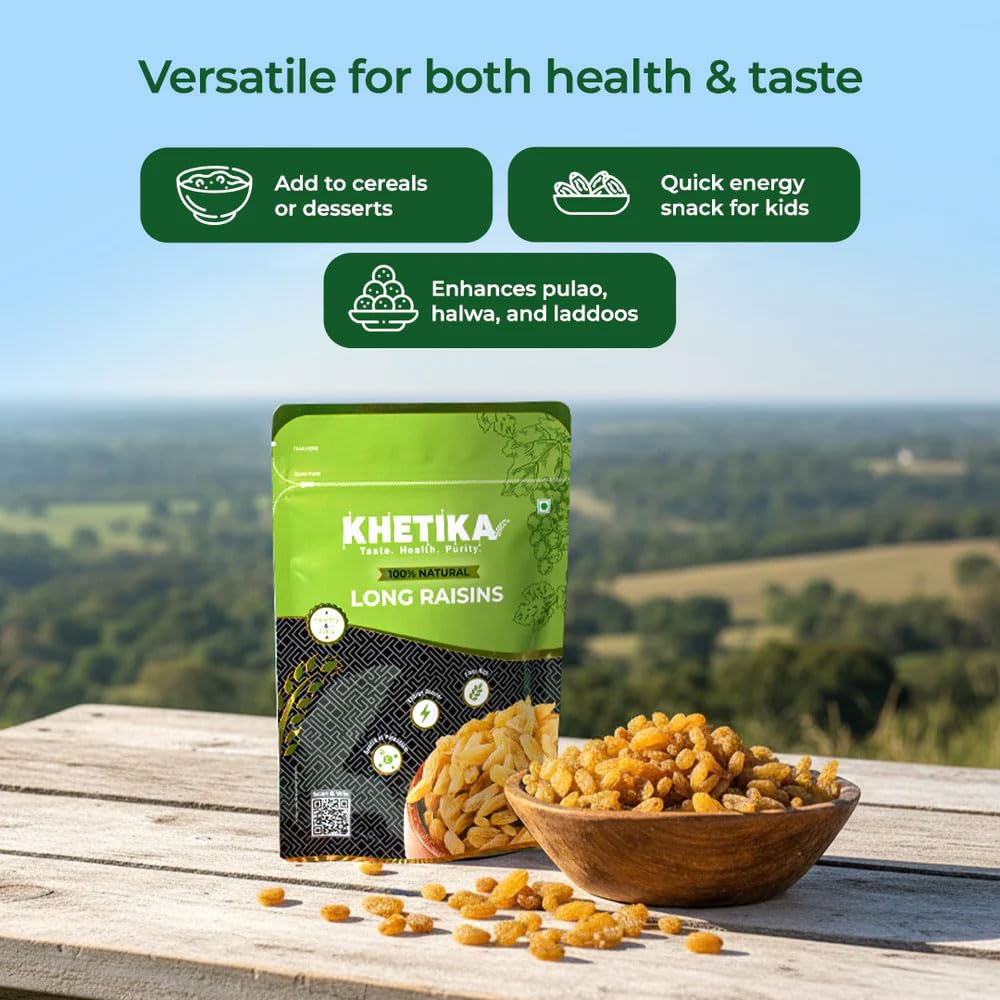 Khetika Premium Long Raisins 200g | Dry Fruits, Dried Kishmish, Dry Grapes, Kismis, High in Potassium, Seedless Raisins, No Added Colour 2