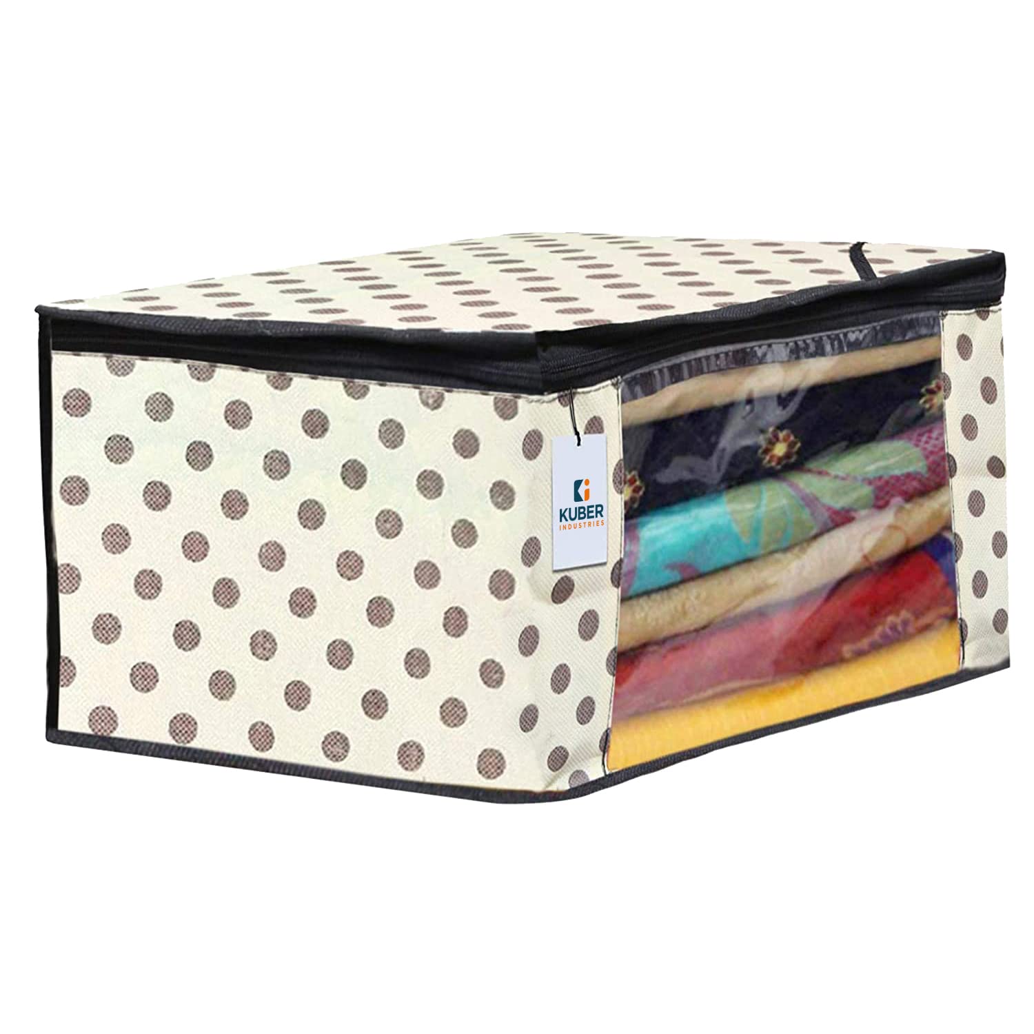 Kuber Industries Fundas plegables para sari con cremallera, organizador de armario de lunares para ropa, ventana transparente para guardar de 8 a 10 saries, adecuado para Lehenga, traje, vestido,