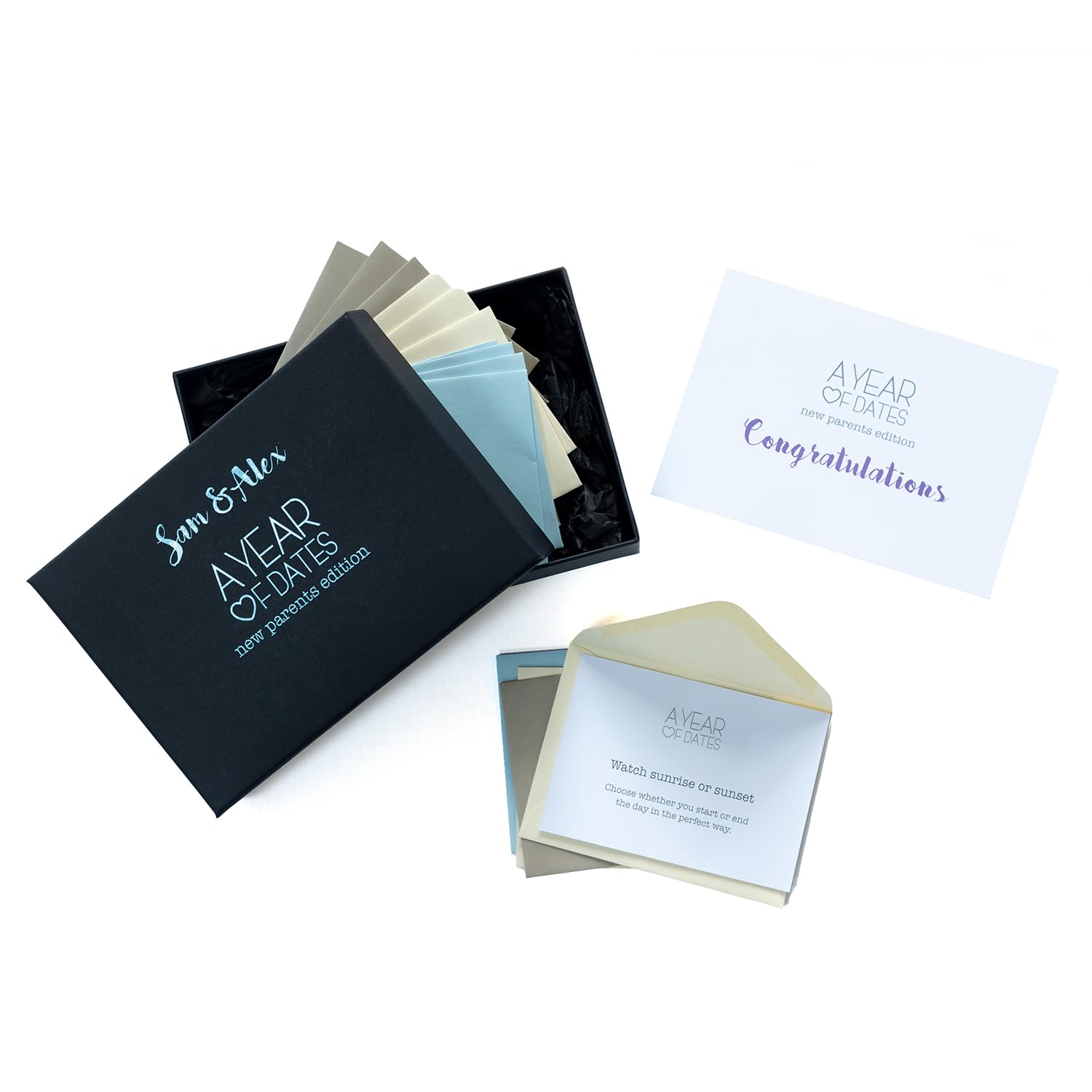 A Year Of Dates Blue - Personalised Personalised New Parents Gift Box In Blue - 26 Activity Ideas For New Parents With Date Ideas, Family Days Out & Adventures With Baby – Gifts For Couples With Kids
