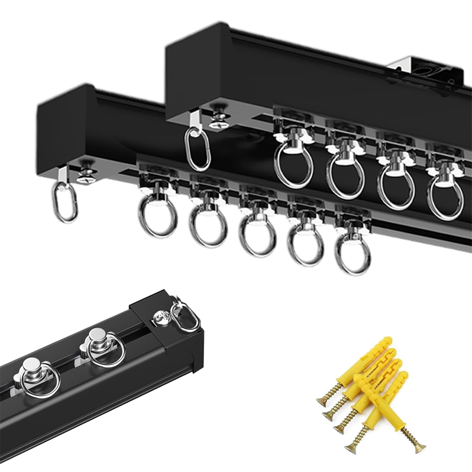 Ceiling Curtain Double Track Set Aluminum Silent Ceiling Curtain Rail, 2.0mm Thickened Metal Curtain Track for Ceiling or Wall Mounted, for Bedroom/living Room/window/hotel(Black,460cm(15.1ft))