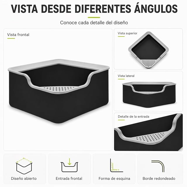 Foto 7 de 7 de Bandeja Sanitaria Esquinera para Gatos 32,5 x 32,5 x 13 cm, Caja de Arena Abierta para Esquinas
