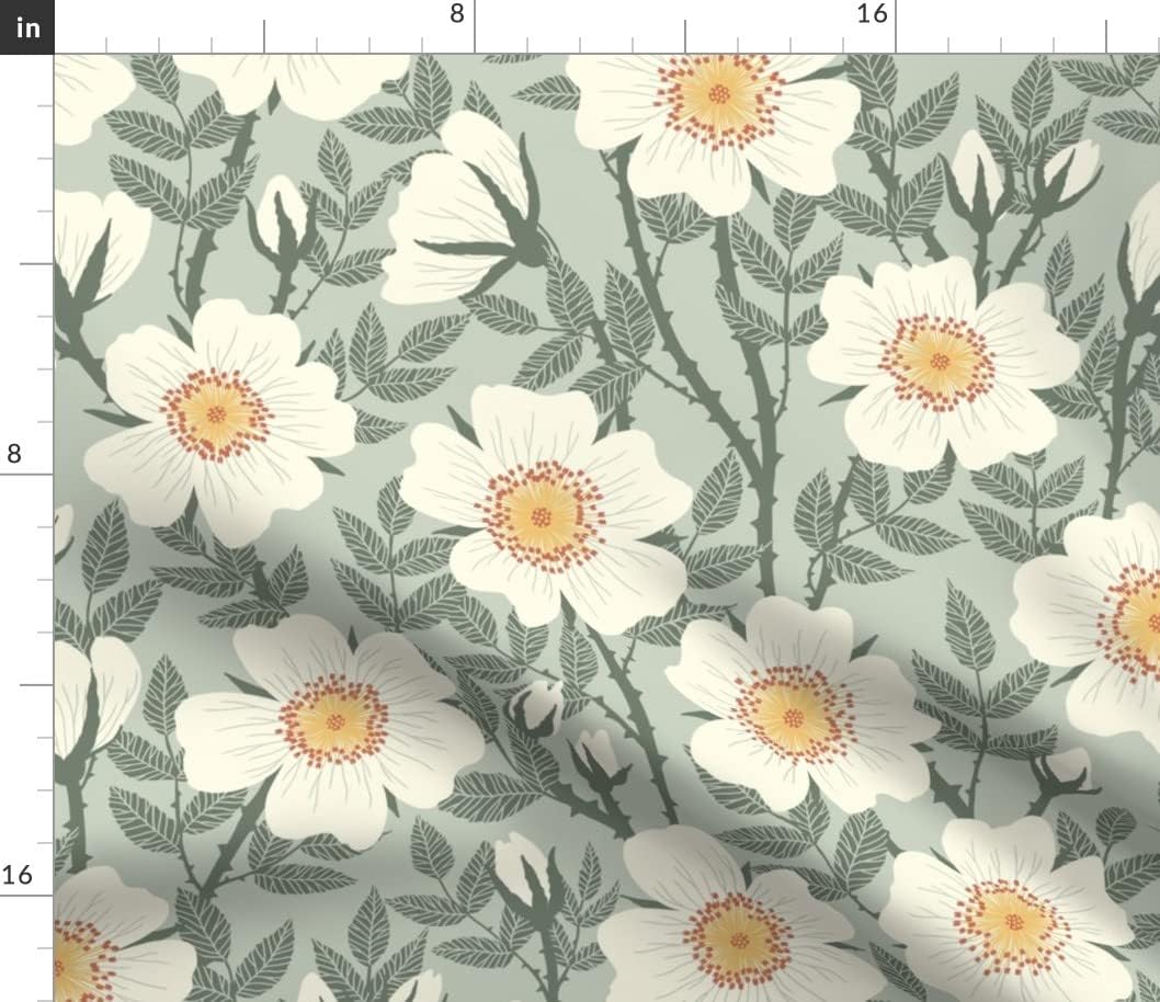 Spoonflower Fabric - Wild Roses Sage Green Vintage Floral Jade Neutral Printed on Petal Signature Cotton Fabric Fat Quarter - Sewing Quilting Apparel Crafts Decor