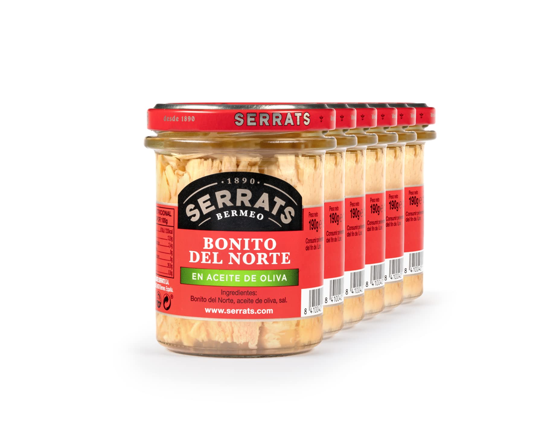 CONSERVAS SERRATS - Bonito del Norte del Cantábrico en Aceite de Oliva - 6 Frascos x 190g (Total: 1140g) - Elaboración Artesanal desde 1890 - Sin Gluten - Rico en Omega 3 – Premium