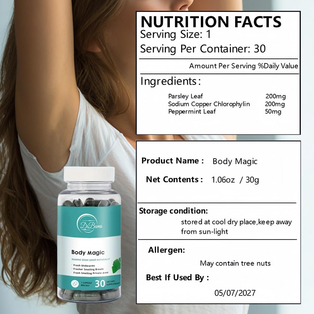 Body Magic Chlorophyll Capsules: 30 Vegan Capsules for Detox, Digestion - Natural Energy Booster for Gut Health, Skin Support, and Oily Skin - Image 6