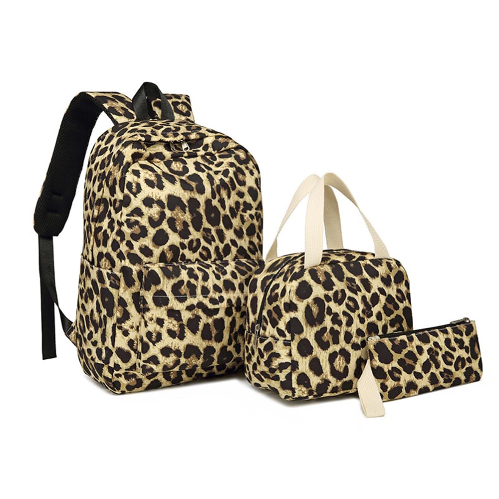 Mateju Mochila Niña de Gran Capacidad, Varios Estilos Mochilas Escolares Adolescente con Bolsa de Almuerzo, Estuche para Lápices, Mochila Niño Juego de 3 Mochila Infantil (Estampado Leopardo)