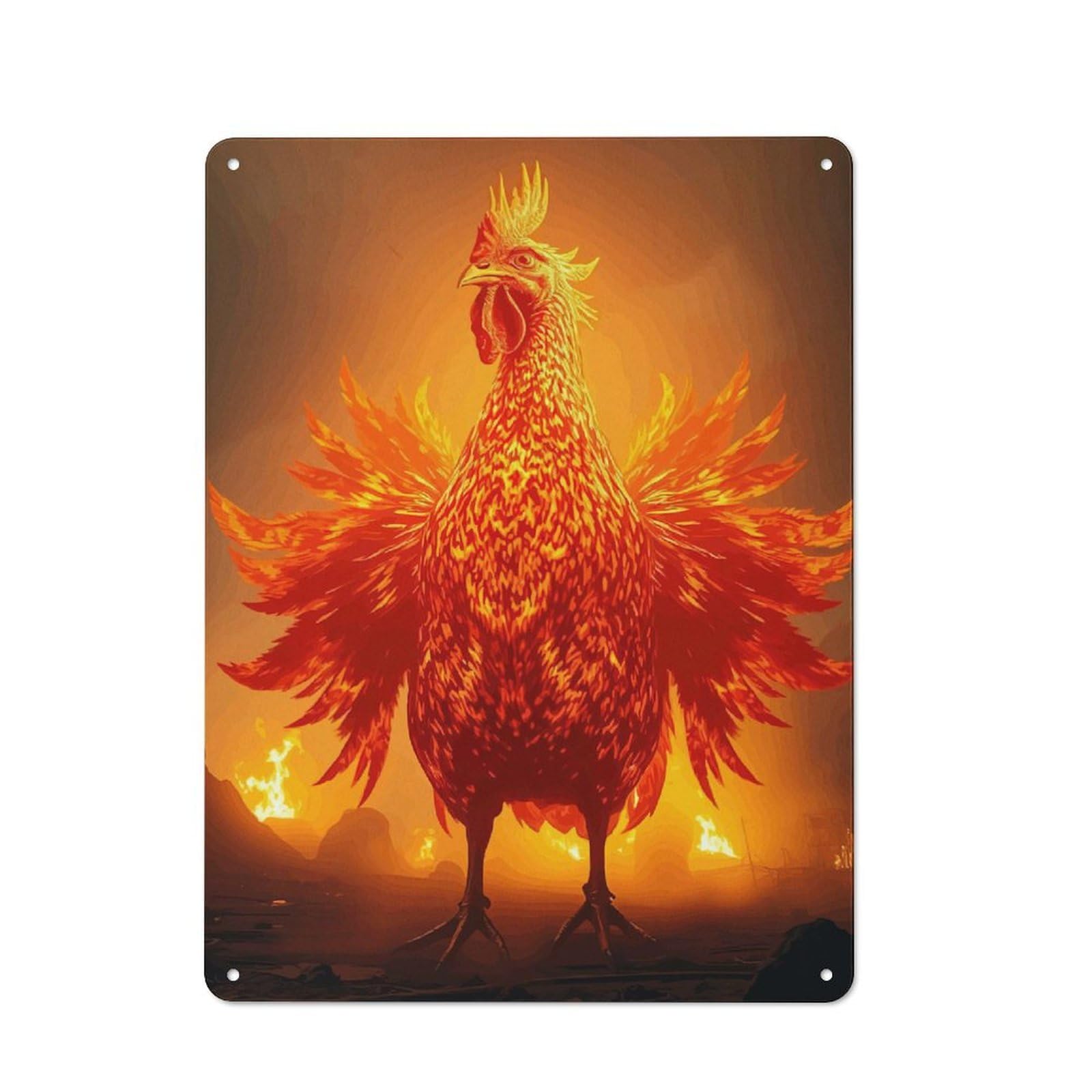 Junmoney Fiery Rooster Burning Landscape Vintage Metal Plaque 40X30cm, Bistro Wall Plaque For Coffee Bar, Kitchen, Bistro Or Tea Corner