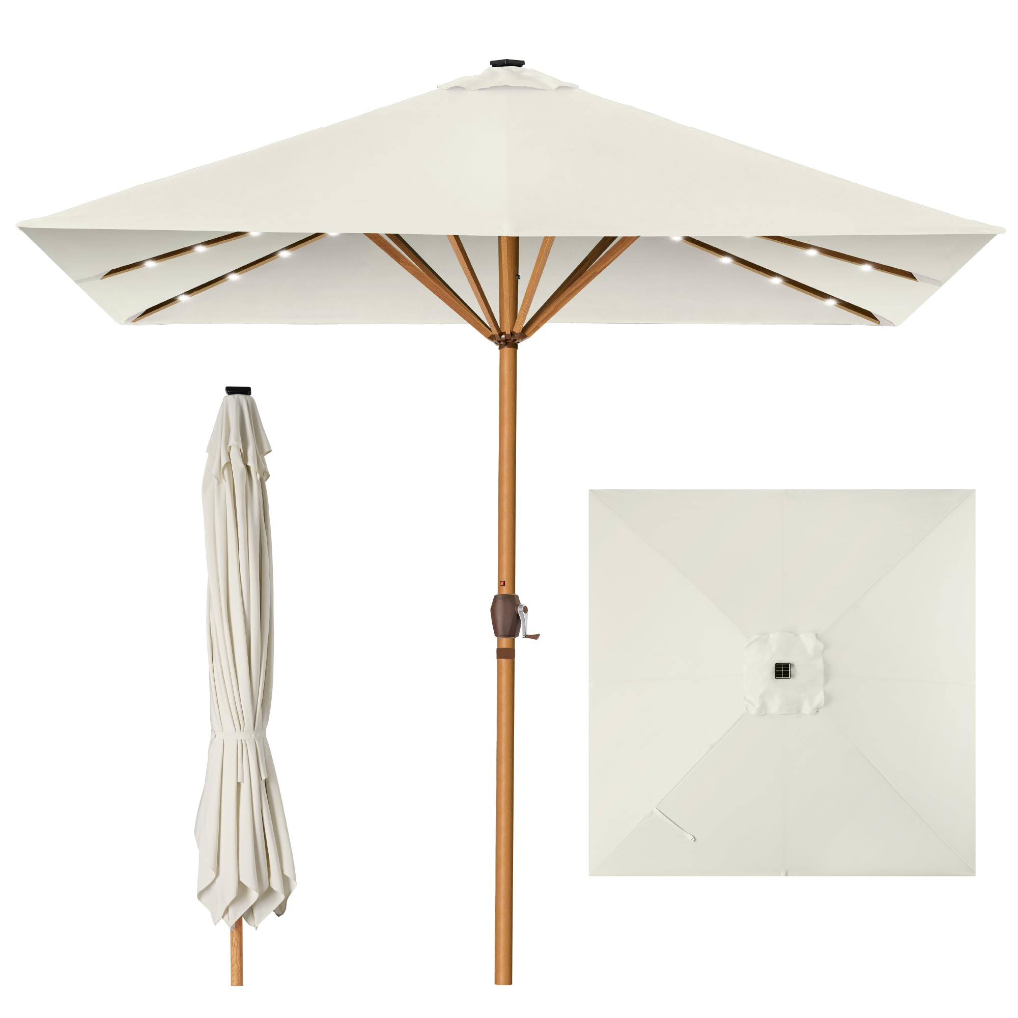 Best Choice Products 9ft Deep Square Solar Powered LED Lighted Patio Umbrella w/Woodgrain Pattern, UV-Resistant Fabric, Hand Crank - Ivory