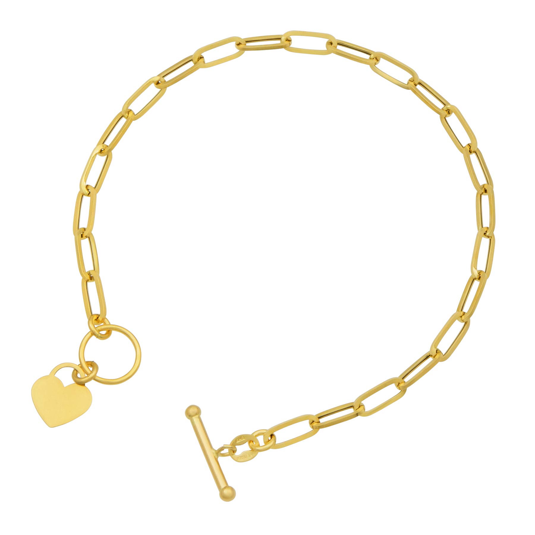 14k Italian Yellow Gold Paperclip Toggle Disc Charm Heart Bracelet, 7.5”