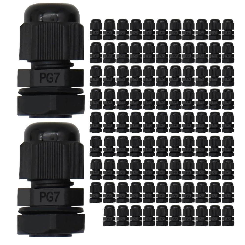MAKERELE PG7 - Pressacavi Giunti Protezioni per cavi, in plastica e nylon, impermeabile, dado di bloccaggio regolabile per filo da 3,1 mm-6,6 mm (100 pezzi), con guarnizioni, nero