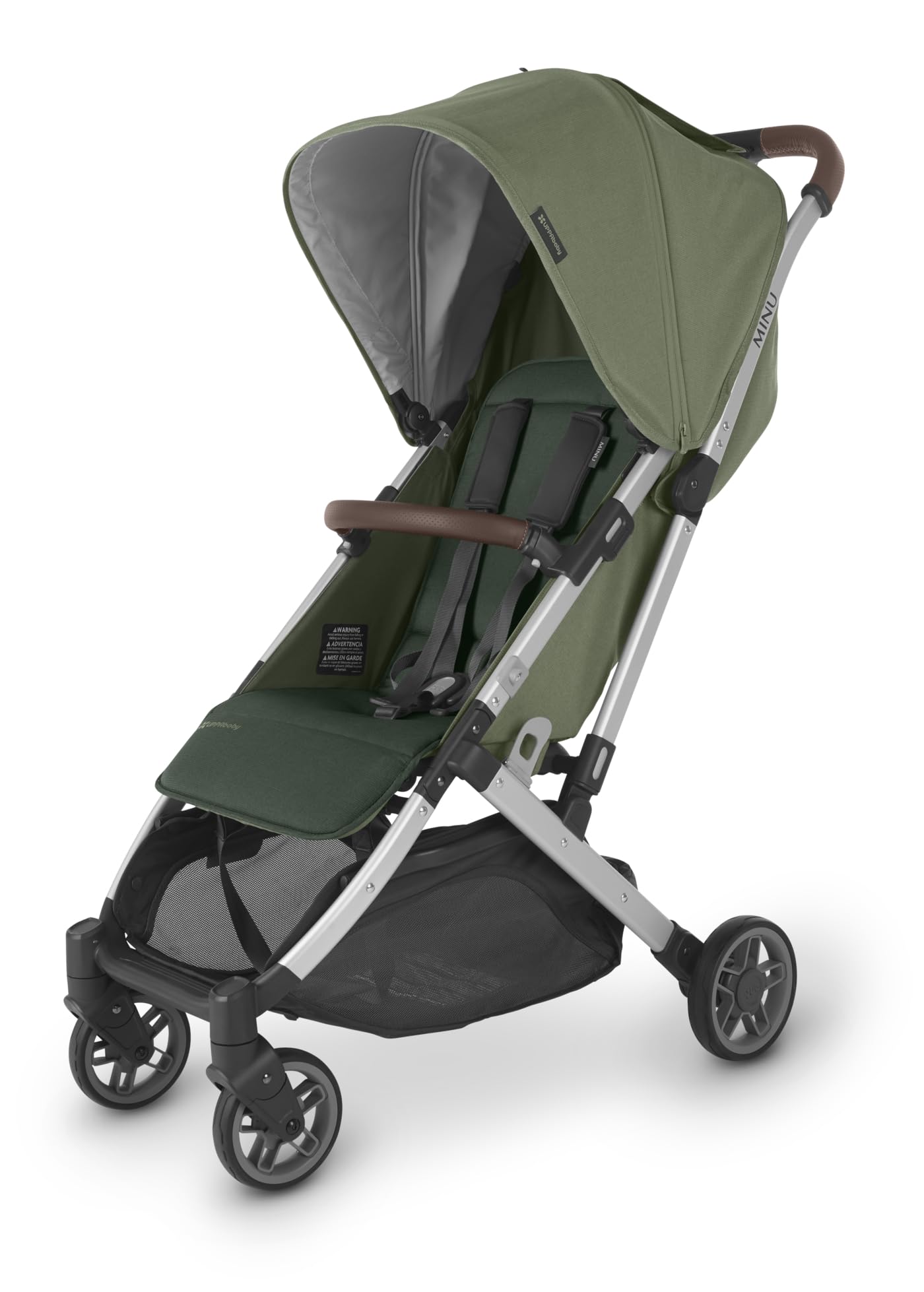 Minu V2 Stroller - Lightweight Compact Stroller for Travel - Emelia - Sage Green Mélange with Silver Frame and Chestnut Leather – Compact Fold, Smooth Suspension, UPF 50+ Canopy