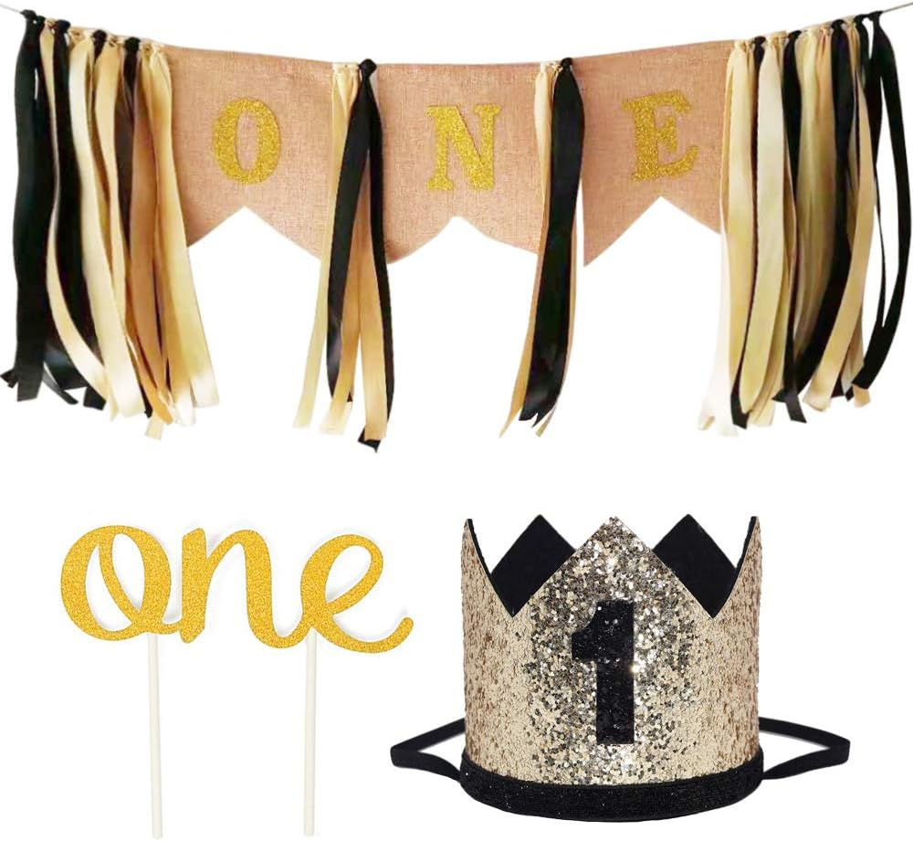 Mr One-derful Hight Chair Banner, Boy First Birthday Decorations Black and Gold Kits, One Year Old Birthday Photo Props Party Supplies (Black Gold Set 2)