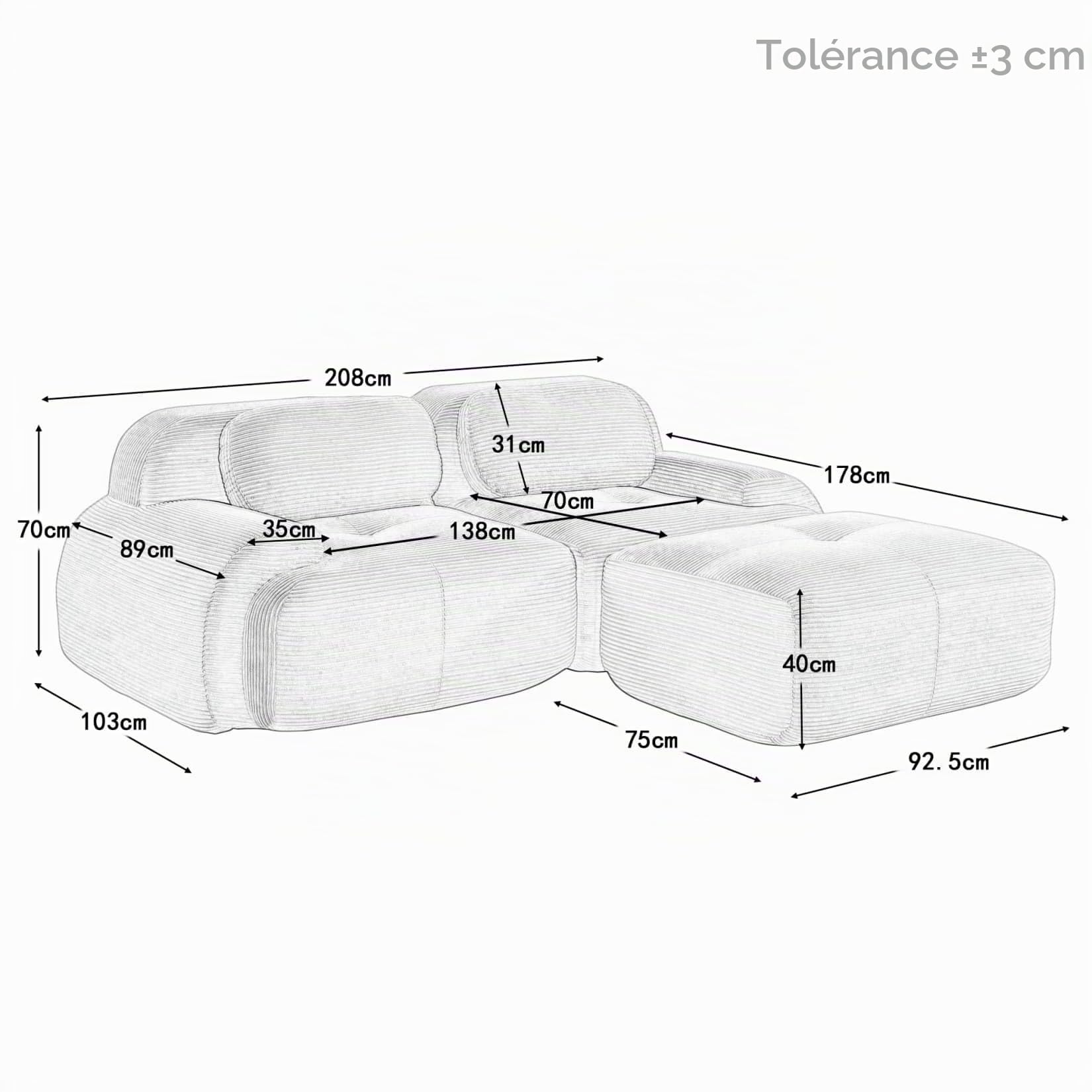 Canapé 2 Places en Velours Côtelé,Canapé Modulable avec 1 Pouf | Accoudoirs Incurvés et Dessou Antidérapant,Rembourrage très élastique,aucun assemblage requis,pour Salon,Chambre