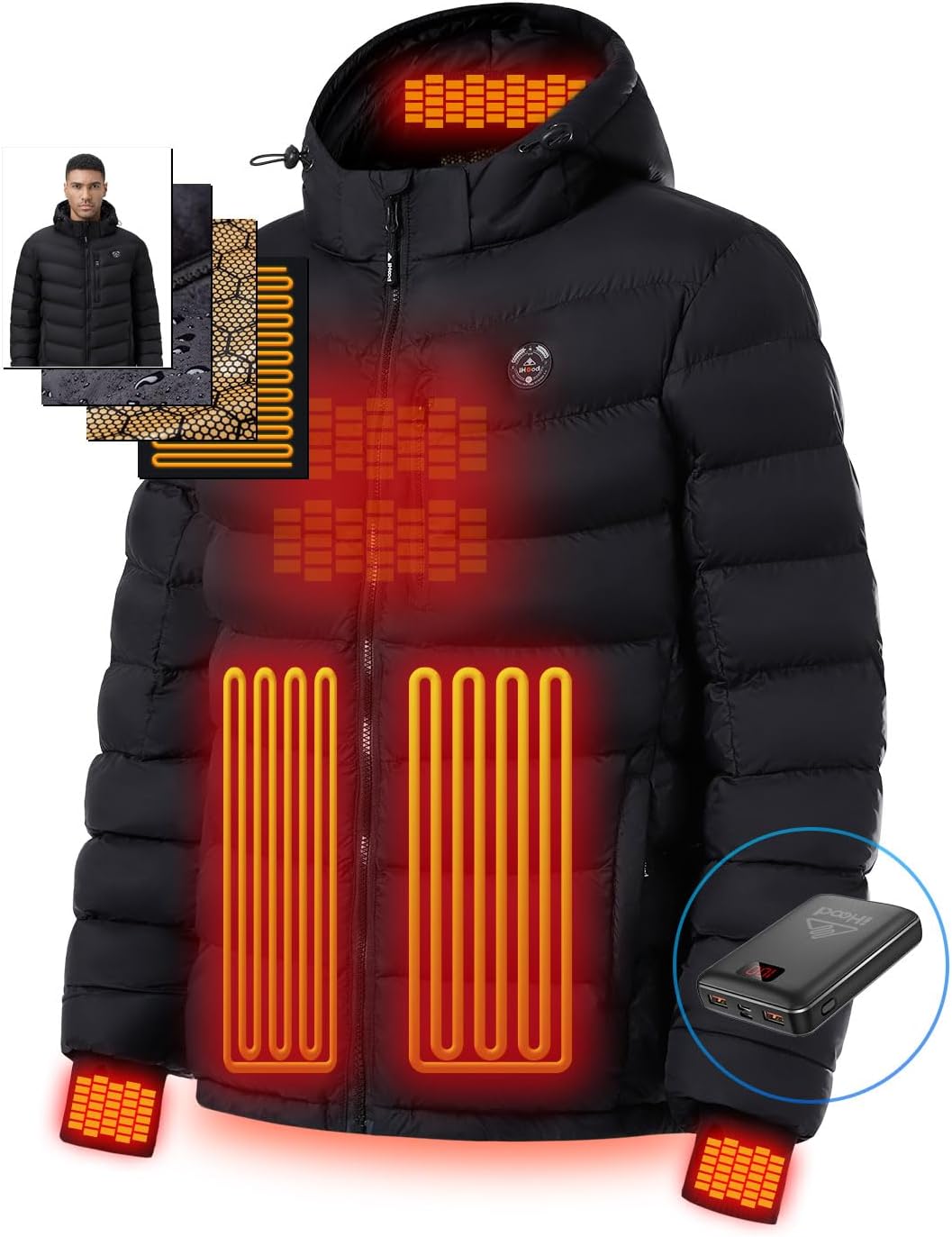 iHood Men's Heated Jacket With 12V Battery Pack-Insulated Lightweight Hooded Hand-Heating Electric Heated Puffer Jacket