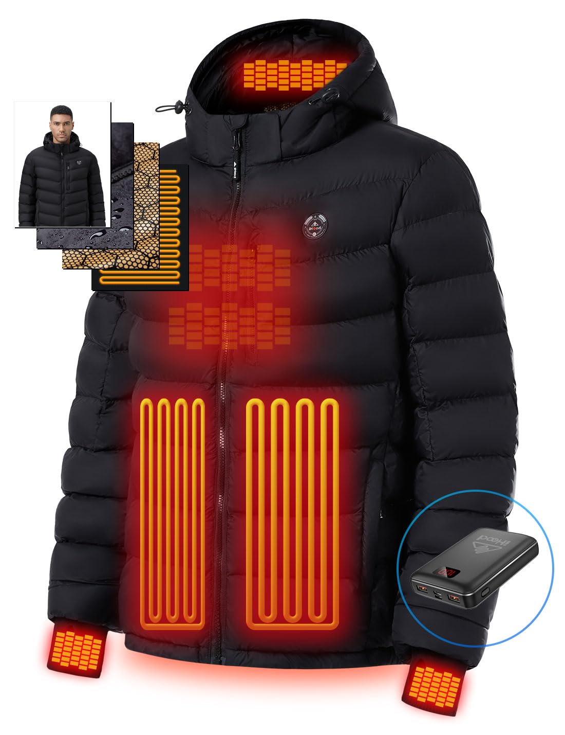 Men's Heated Jacket With 12V Battery Pack-Insulated Lightweight Hooded Hand-Heating Electric Heated Puffer Jacket